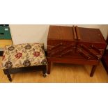 A 20th Century beech sewing box with multiple sections, together with a small modern ebonised foot