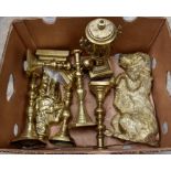 A collection of brass wares including candlesticks, pots, kettle, lamp etc
