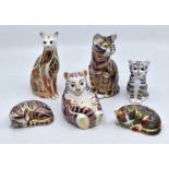 Six Royal Crown Derby paperweights in the form of cats, gold stoppers CR; no chips or cracks