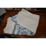 A Victorian/Edwardian embroidered and lace tablecloth, approx 195cm x 260cm; and collection of other