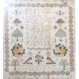 An early Victorian embroidered textile sampler, strawberry border containing spaniels, trees and