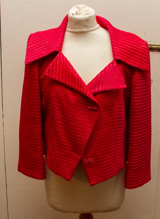 A Tomato Red Jean Muir short boxy jacket size 10 UK in fine ribbed wool wide collar. The fabric