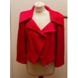 A Tomato Red Jean Muir short boxy jacket size 10 UK in fine ribbed wool wide collar. The fabric