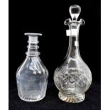 A George III glass decanter, with a three ring neck, no stopper, plus a 20th Century cut glass