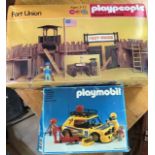 Playmobil; castle 4435, car 3524, Fort Union 2520, fire engine 3781 all boxed, unchecked along