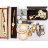 A small collection of costume jewellery, cased and modern wrist watches