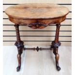 A mid Victorian walnut book-matched ladies work table, marquetry inlaid decoration to top