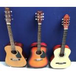 Three acoustic six string guitars, Samick SW115, Artisan, and Westville with case. (3)