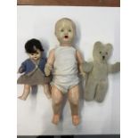 Pedigree Teddy Bear, Pedigree Doll and another marked British Made. (3)