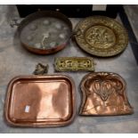 A collection of brass and copper wares including coal bucket, wash buckets, bed pans, jam pans, fire
