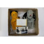 A Chad Valley Sooty and Sweep puppet pair, together with a signed Harry Corbett postcard and another