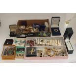 Two boxes of assorted costume jewellery including cufflinks hair clips, hat pins, pendant set,