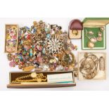 A quantity of costume jewellery including a Waltham gold plated pocket watch with black dial,