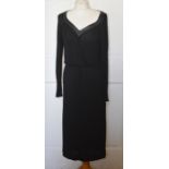 A Jean Muir Midi silk jersey little black dress (1990s) size 14 with a leather V shaped neckline and