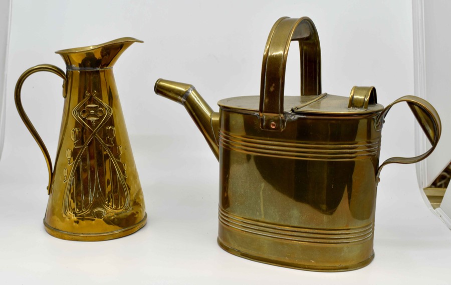 A collection of brassware, including watering can, candlesticks, spirit kettle and others. To - Image 3 of 8