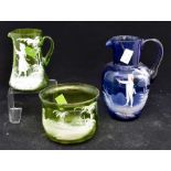 Mary Gregory style green glass jug and bowl, plus a blue glass jug