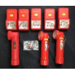 A collection of postman's torches and bicycle lamps, Royal Mail, red and one RM enamel badge