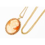 A 9ct gold mounted cameo pendant with twist border, on a fine 9ct gold chain, total gross weight