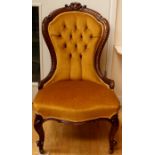 A late Victorian ladies chair, button back, cabriole legs, 91cm high, 55cm wide, 53cm deep