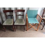 A pair of early Victorian mahogany dining chairs, together with a modern pair of folding deck