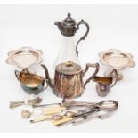 A collection of silver plate/white metal including a 19th Century style claret jug, a pair of flower