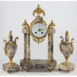 Early 20th century grey veined marble gilt metal mounted clock garniture, with painted white