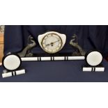 An Art Deco marble garniture clock set, the clock with two peacocks.