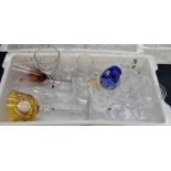 Five boxes of various glass ware including moulded glass decanters and glass sets, coloured glass,