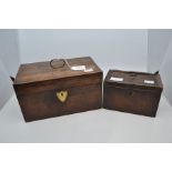 Two 19th Century tea caddies, mahogany and rose mahogany inlaid with brass fittings