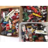 Die cast: large quantity of playworn die cast vehicles in three boxes