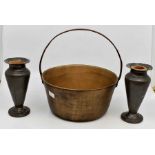 A brass and steel 19th Century jam pan together with a pair of plainished pewter vases, 1920/30's