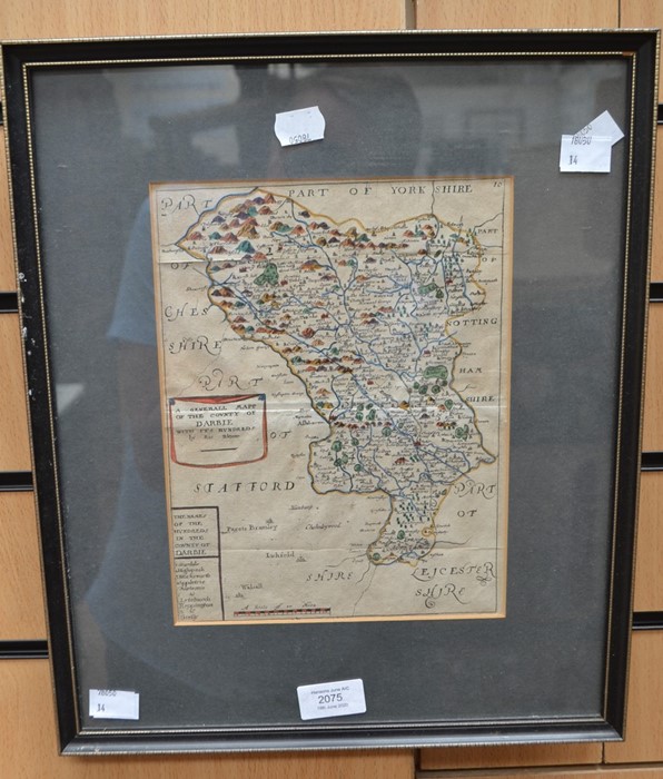 A 17th Century hand-coloured engraving of Derbyshire by Richard Blome, framed and glazed, 24 x 19