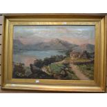 A late 19th Century oil on canvas of a lake land scene at sunset, signed bottom left, 50 x 76 cms