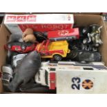 Diecast and plastic vehicles along with assorted collectables, games, phones etc (2 boxes)