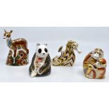 Four Royal Crown Derby paperweights in the form of a fawn, monkey, sea horse, panda, gold stoppers