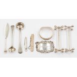 A collection of assorted silver tableware including: a pair of knife rests, London, 1890; sherry