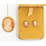 A 9ct gold mounted cameo brooch, rope edge border, size approx. 38mm x 28mm, along with a pair of