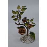 Painted metal mantle display of a bird in a climbing rose bush mid to late 20th Century, 30 cm high