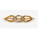 A diamond bar brooch, set on yellow gold and platinum links, approx 5.2cm long, unmarked tests as