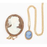 A Victorian cameo brooch, the gold mount stamped 9ct; and a blue cameo pendant in yellow metal