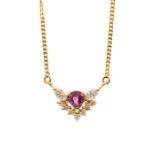 A ruby, diamond  and 18ct yellow gold cluster pendant, comprising a trillion cut ruby, approx 4.5mm,