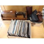 Collection of postcards, modern cameras, barometer and wooden items