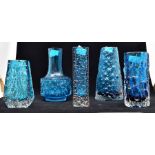 Whitefriars; A collection of 5 Whitefriars vases in Kingfisher blue comprising 'Coffin' vase