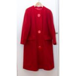 A pillar box red, early 1960's Harella wool coat, three large buttons, collarless, flap pockets; a