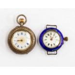 A ladies silver open faced pocket watch, white enamel dial with blue numerals and gilt decoration,