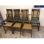 A set of four Carolean style oak side chairs, barley twist uprights, canework backs and seats,