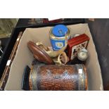 A collectors lot of wooden items to include; sweet tins, horn carvings, vintage glass bottles,