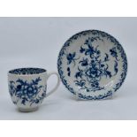 A Worcester First or Dr. Wall period Mansfield pattern coffee cup and saucer, open crescent in
