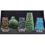Whitefriars- A group of 5 Whitefriars glass vases comprising 3 'Coffin' vases in Kingfisher,