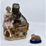A pair of late 19th Century Staffordshire dogs, Staffordshire sheep pen stand and Samson and Lion